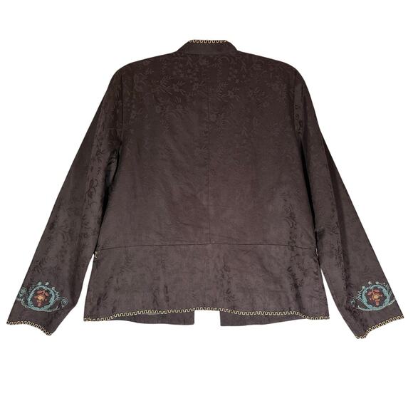 Coldwater Creek Sz L Brown Embroidered Jacquard Open Front Venice Jacket Boho - Picture 2 of 9
